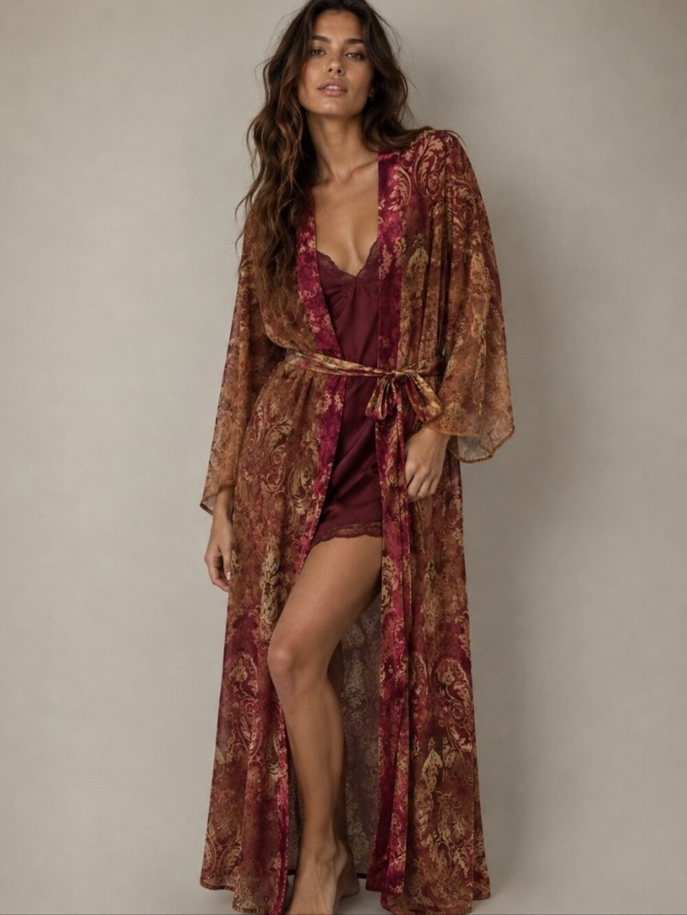 Vtg California Dynasty Sheer Long Robe Sheer Chiffon Satin 90s Maxi Size M